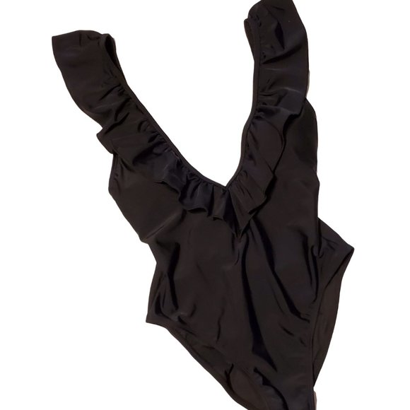 Black Ruffled V-Neck One Piece - Picture 1 of 2